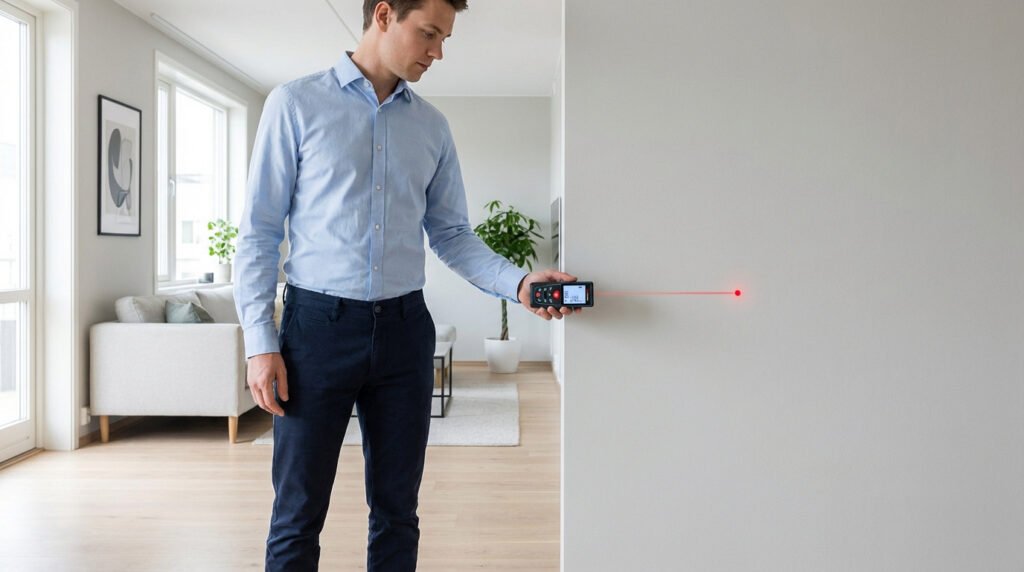 Homme mesurant une pièce avec un télémètre laser. Le rayon rouge pointe sur un mur blanc dans un salon moderne et lumineux.
