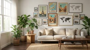 Salon lumineux avec canapé clair, table basse en bois, nombreuses plantes vertes et un mur d'affiches de voyage et cartes du monde.