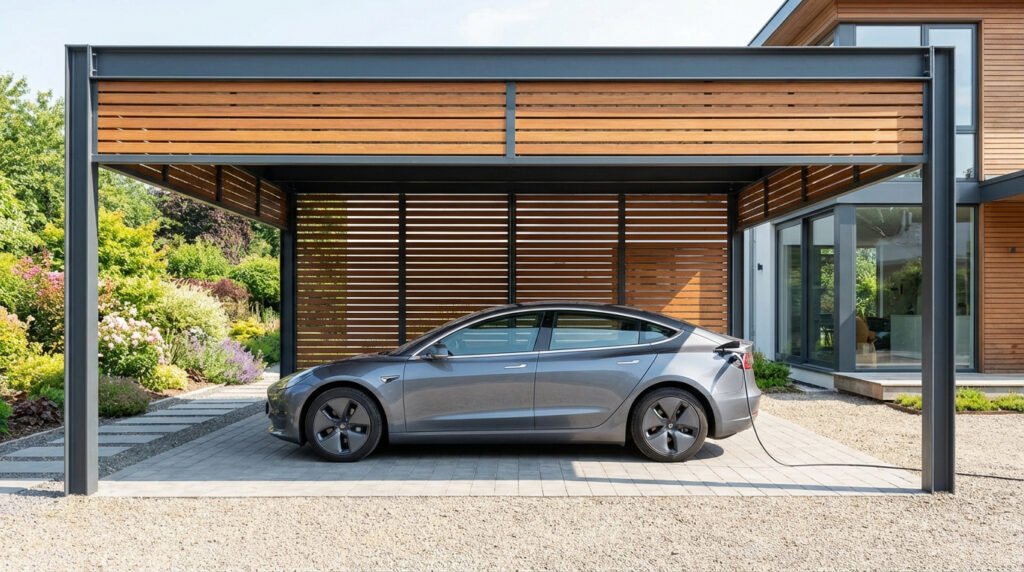 Une voiture électrique Tesla grise garée sous un carport moderne en métal gris et bois. Le véhicule est en charge.