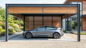 Une voiture électrique Tesla grise garée sous un carport moderne en métal gris et bois. Le véhicule est en charge.
