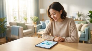 Femme souriante consultant une tablette avec un logo de maison et flèche, symbolisant l'aide au logement, dans un salon lumineux.
