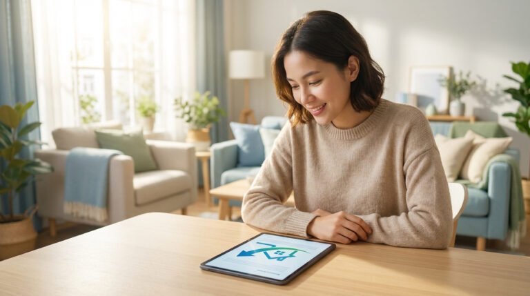 Femme souriante consultant une tablette avec un logo de maison et flèche, symbolisant l'aide au logement, dans un salon lumineux.