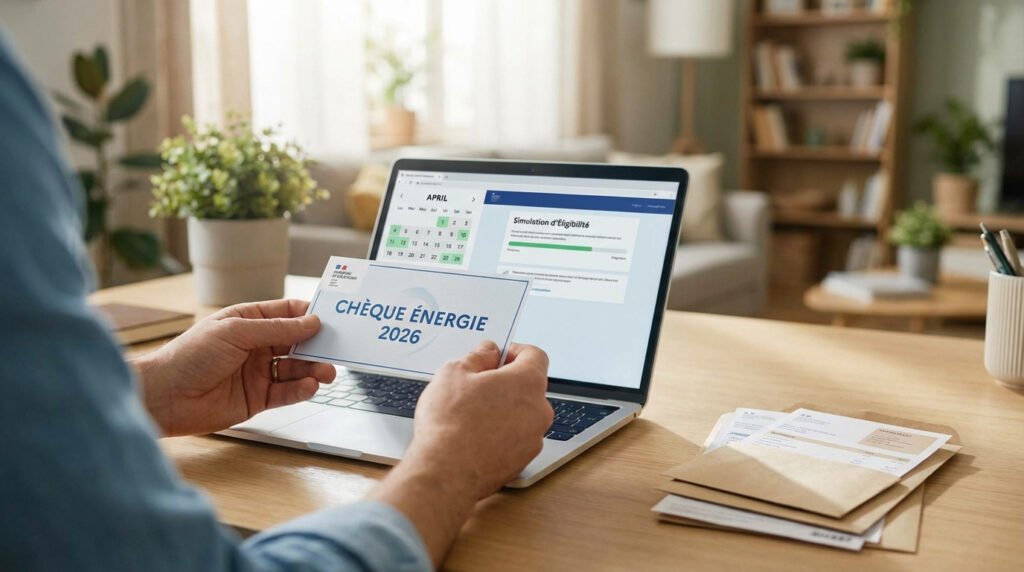 Personne tenant un Chèque Énergie 2026 devant un ordinateur portable, simulant son éligibilité et consultant un calendrier.
