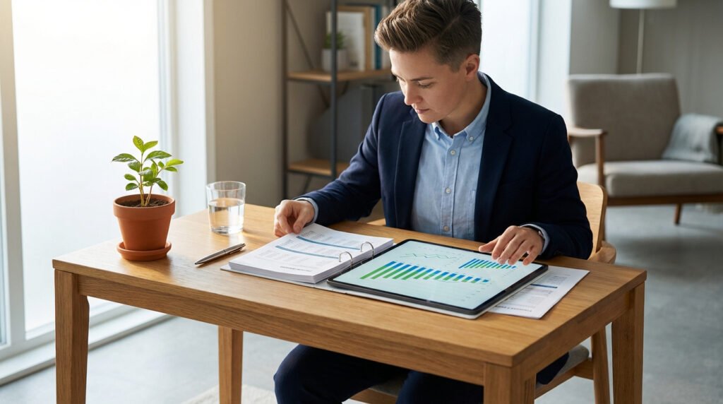 Jeune professionnel analyse des données fiscales et financières sur tablette et documents, optimisant ses revenus.