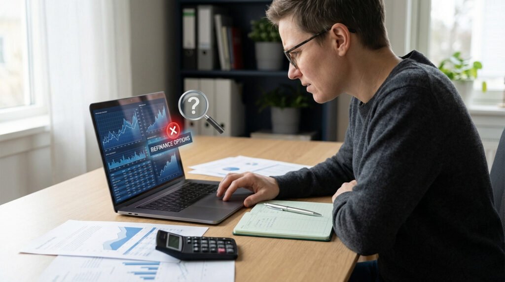 Homme analysant les options de refinancement sur un portable avec graphiques. Loupe et croix évoquent un choix difficile ou une erreur.