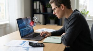 Homme analysant les options de refinancement sur un portable avec graphiques. Loupe et croix évoquent un choix difficile ou une erreur.