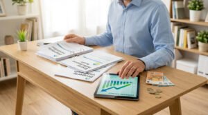 Un homme examine des documents sur les diagnostics immobiliers (DPE, estimation), des graphiques de potentiels d'économies sur tablette, avec des euros sur un bureau en bois.