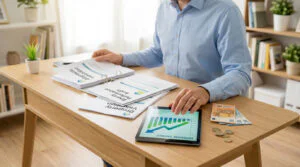 Un homme examine des documents sur les diagnostics immobiliers (DPE, estimation), des graphiques de potentiels d'économies sur tablette, avec des euros sur un bureau en bois.