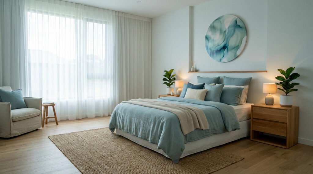 Chambre Feng Shui lumineuse avec lit bleu ciel, tables de chevet en bois, tapis beige et plantes vertes. Ambiance reposante.