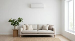Unité de climatisation sans groupe discrète dans un salon moderne. Canapé, plante verte et fenêtre lumineuse complètent la scène.