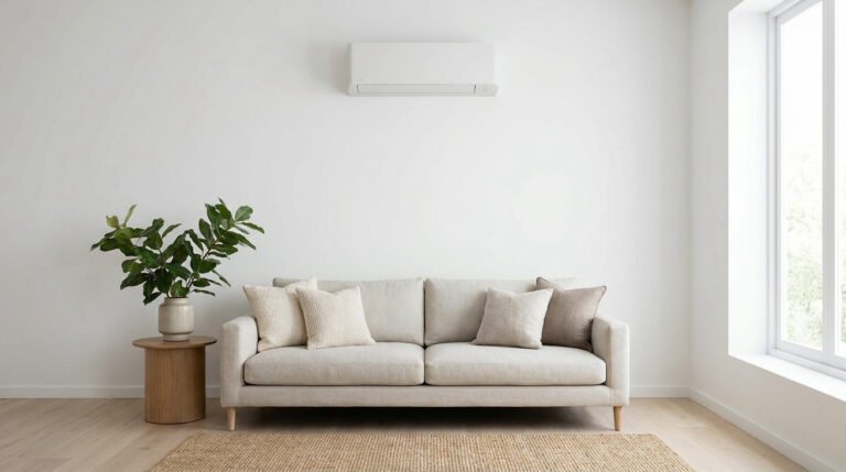 Unité de climatisation sans groupe discrète dans un salon moderne. Canapé, plante verte et fenêtre lumineuse complètent la scène.