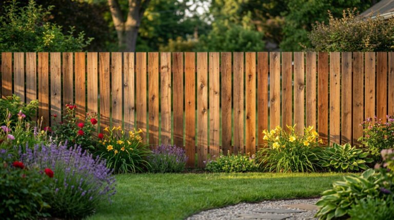 Palissade en bois verticale ensoleillée, entourant un jardin avec pelouse verte, massifs de fleurs colorées et chemin de gravier.