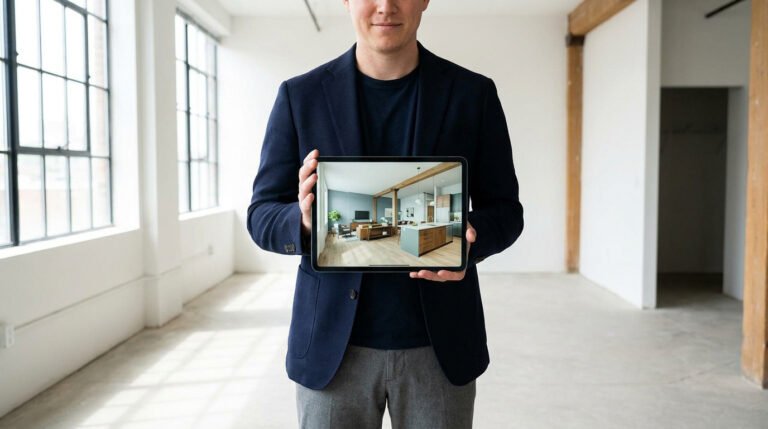 Un homme tient une tablette affichant un salon-cuisine moderne aménagé. Il se tient dans un espace vide et lumineux avec de grandes fenêtres.