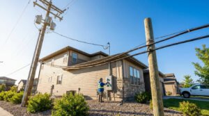 Un technicien travaille sur un compteur électrique extérieur d'une maison résidentielle avec des poteaux et lignes électriques.