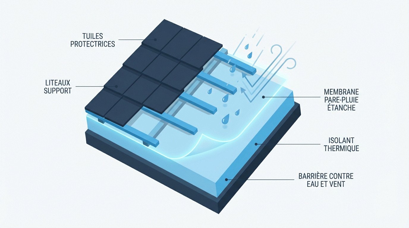 Schéma technique d'une coupe de toiture avec écran pare-pluie protecteur