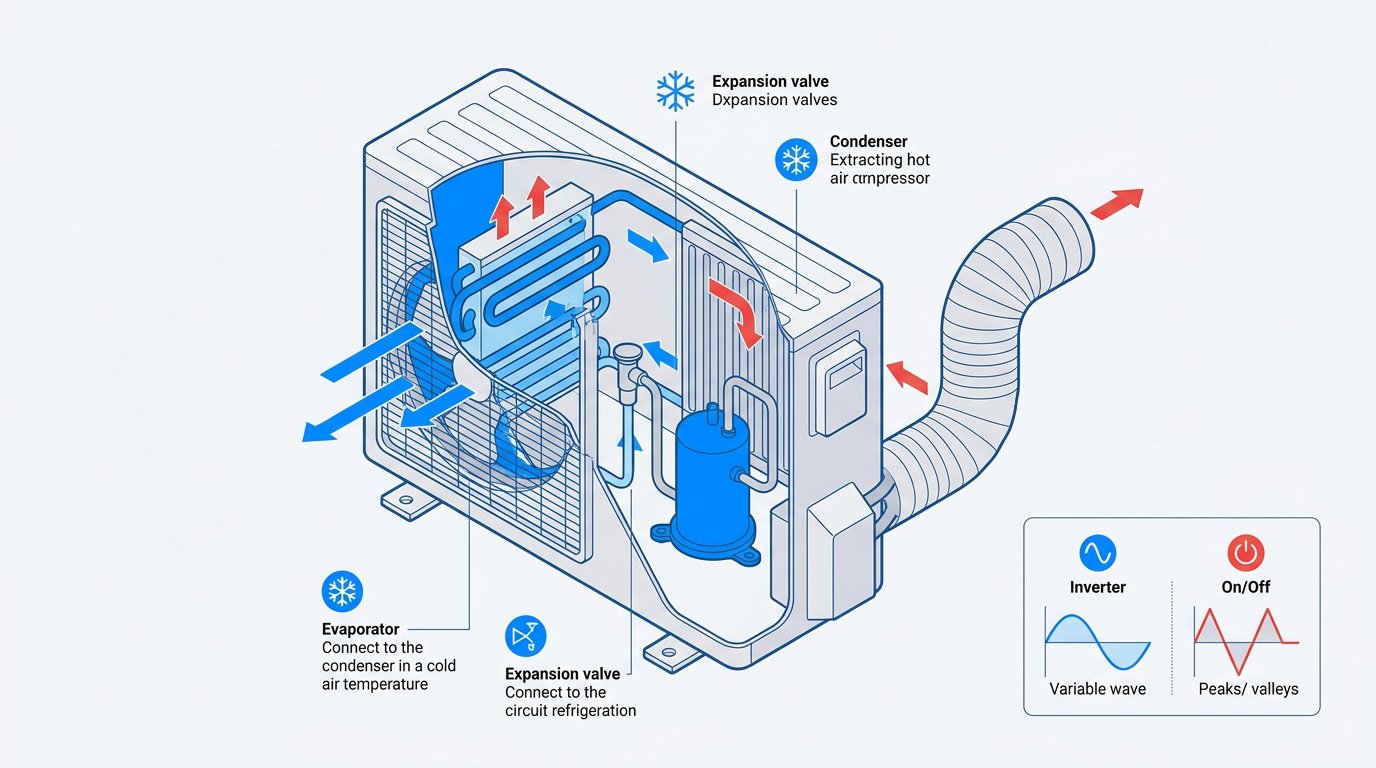 Coupe technique d'un climatiseur monobloc montrant le circuit frigorifique intégré