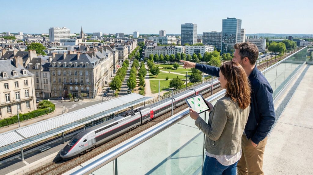 Couple sur un pont dominant une ville et une gare TGV. La femme regarde une tablette avec une carte; l'homme pointe le paysage.