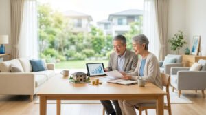 Couple senior planifiant investissement immobilier pour la retraite. Modèle de maison, tablette avec graphique de croissance, documents financiers.