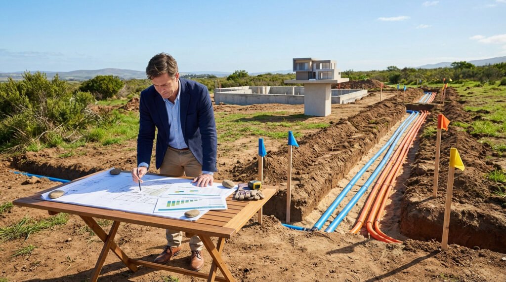 Homme sur un chantier de viabilisation examine des plans, avec fondations, maquette et tranchées de tuyaux multicolores.