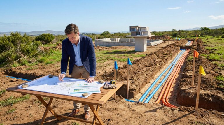 Homme sur un chantier de viabilisation examine des plans, avec fondations, maquette et tranchées de tuyaux multicolores.