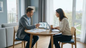 Un homme et une femme discutent de données financières affichées sur une tablette et un ordinateur portable, avec des documents et une calculatrice sur la table.