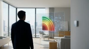 Un homme face à un écran holographique affichant une jauge de performance énergétique (vert à rouge) et un thermostat connecté dans un intérieur moderne.