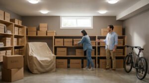Dans un espace de rangement lumineux, un couple place des cartons sur des étagères. Un fauteuil bâché et un vélo sont présents.