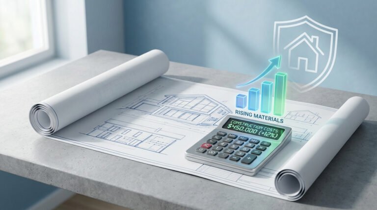 Image symbolisant la hausse des coûts de construction (450 000$, +12%) avec plans, graphique et bouclier d'assurance.