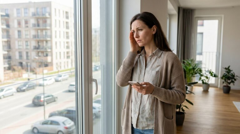 Femme brune l'air soucieux, main sur la tempe, regarde par une fenêtre d'appartement une rue animée avec voitures et immeubles.