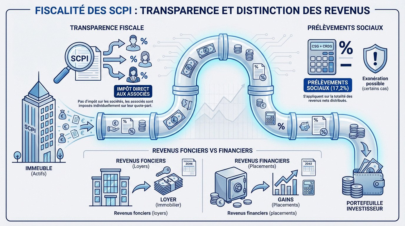 Schéma explicatif de la transparence fiscale et des revenus en SCPI