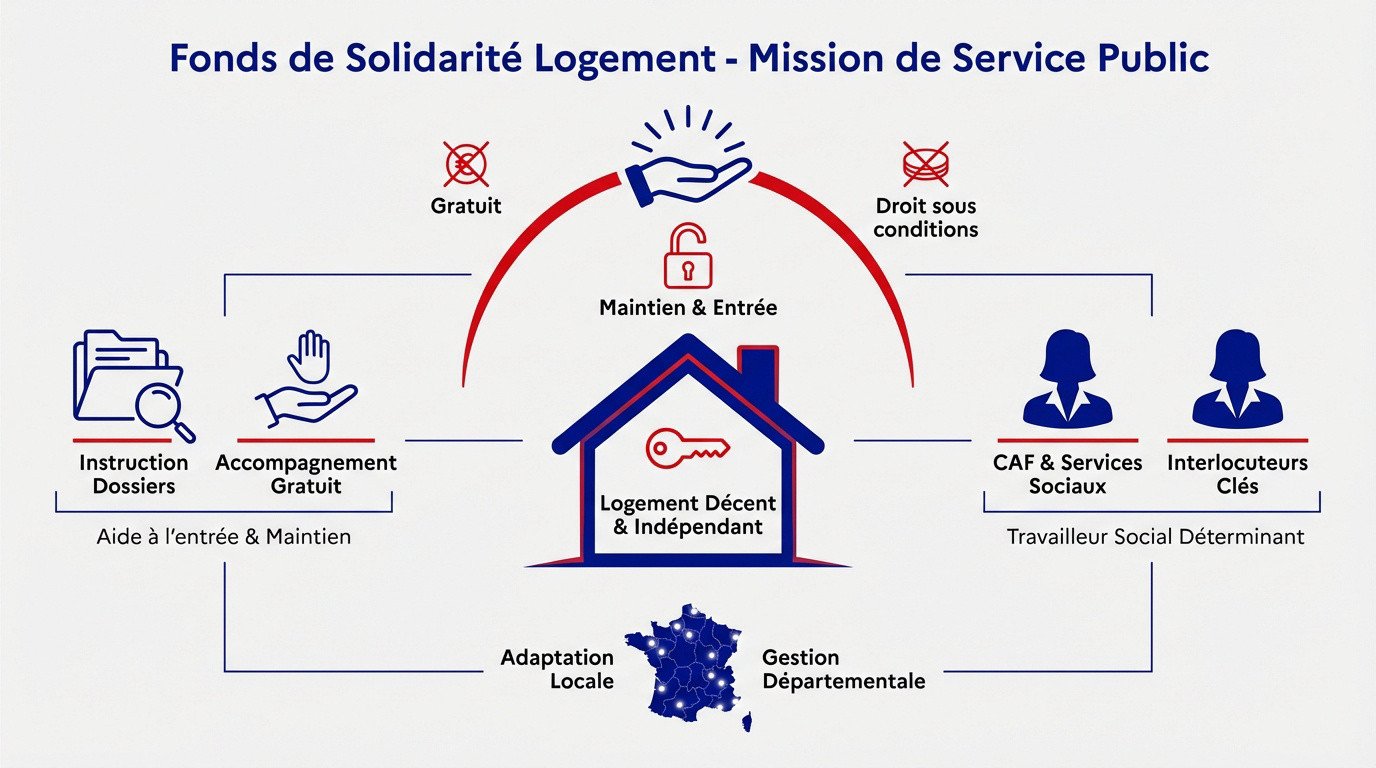 Schéma explicatif des missions du FSL et des acteurs sociaux impliqués dans l'accompagnement au logement