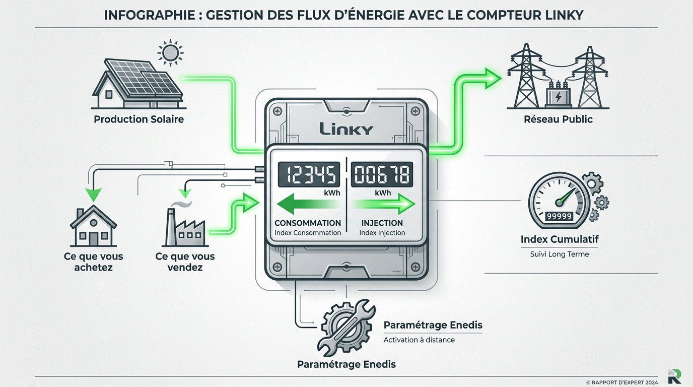 Schéma de la gestion des flux d'énergie entre les panneaux solaires et le compteur Linky