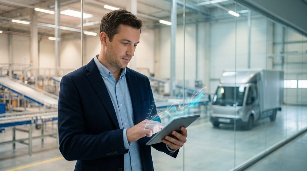 Homme analysant données de performance sur tablette dans un entrepôt logistique. Graphique lumineux, convoyeurs et camion.