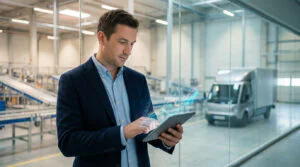 Homme analysant données de performance sur tablette dans un entrepôt logistique. Graphique lumineux, convoyeurs et camion.