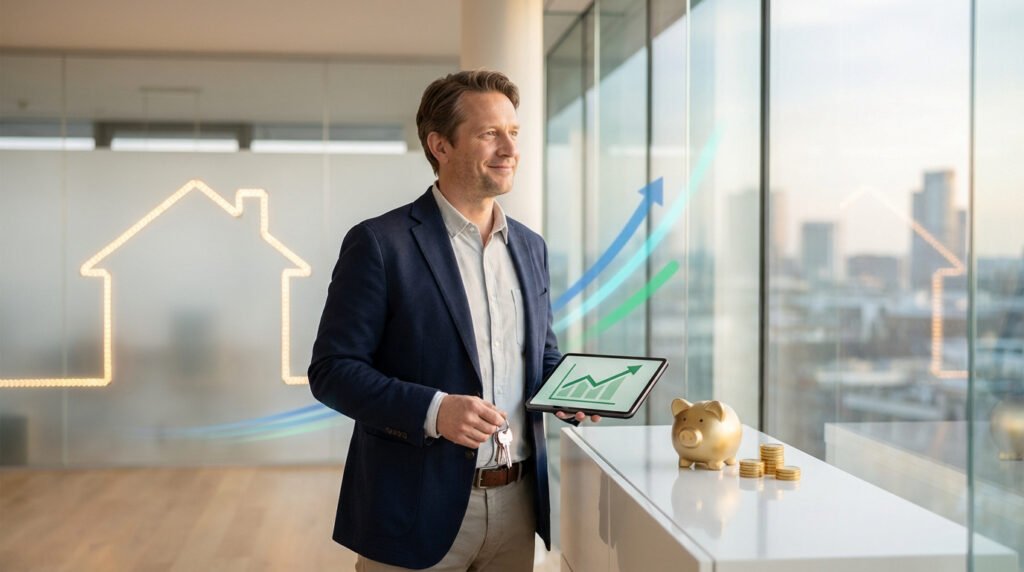 Homme souriant avec des clés et une tablette montrant un graphique de croissance, entouré de symboles immobiliers et financiers.