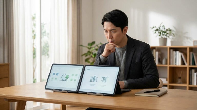 Un homme concentré examine deux tablettes sur un bureau en bois, l'une avec une icône de maison, l'autre de ville et d'avion.