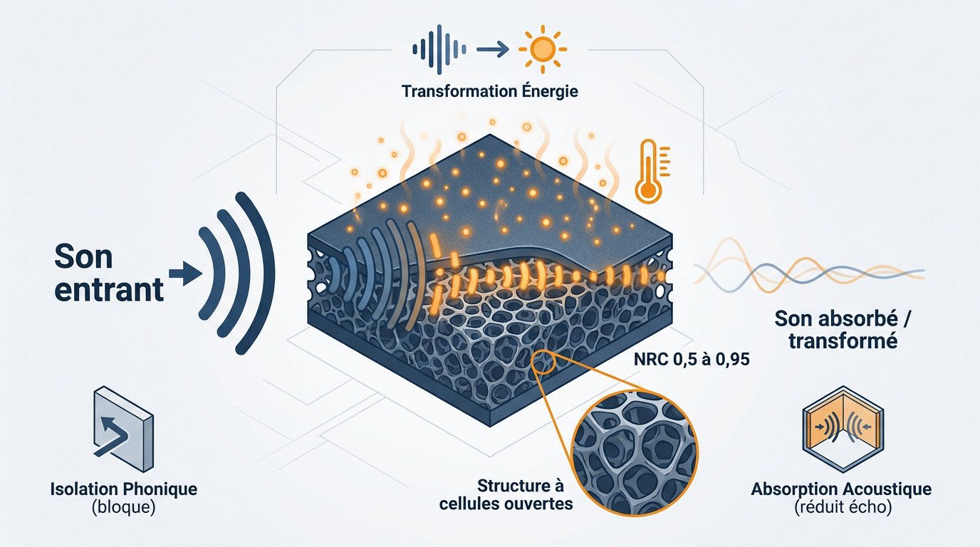Infographie expliquant le mécanisme d'absorption de la mousse acoustique et la transformation de l'énergie sonore en chaleur
