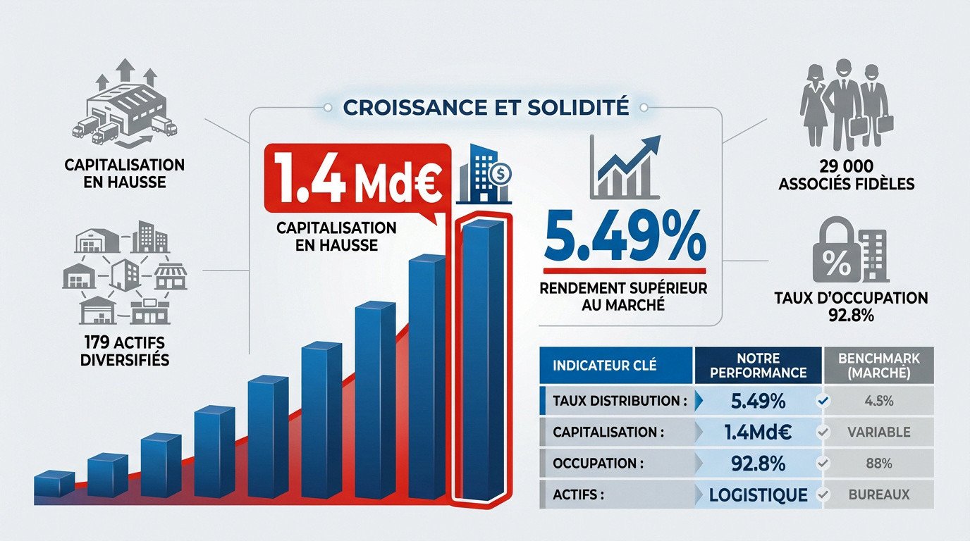 Infographie montrant la croissance de la capitalisation et la solidité financière de la SCPI ActivImmo