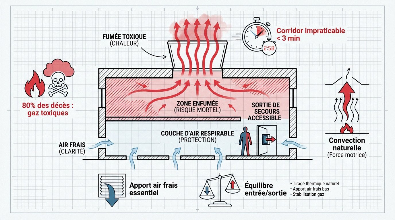 Infographie expliquant le fonctionnement du désenfumage naturel et le tirage thermique en cas d'incendie