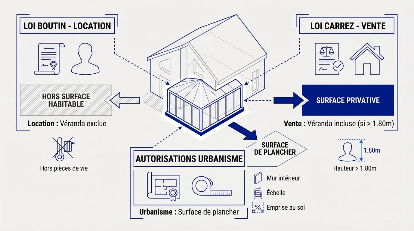 Infographie comparative entre Loi Boutin, Loi Carrez et règles d'urbanisme pour une véranda
