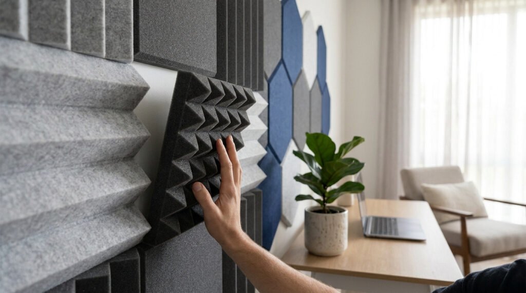 Main touchant un panneau de mousse acoustique noire pyramidale. Murs décorés de panneaux gris et bleus dans un bureau.