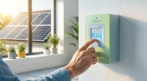 Une main appuie sur un compteur Linky vert affichant l'index d'injection solaire. Des panneaux solaires sont visibles à travers une fenêtre.