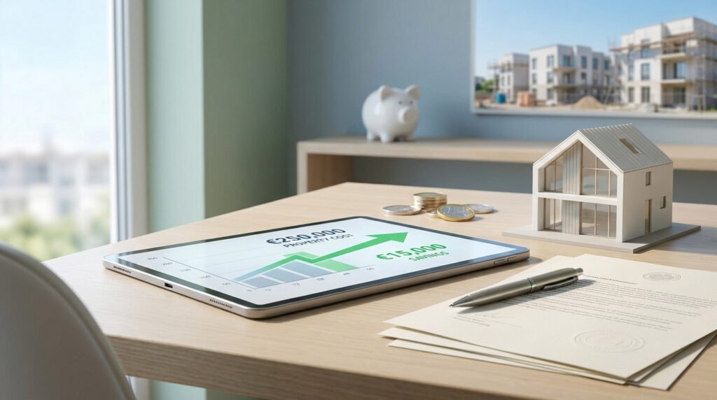 Tablette avec calcul de coût immobilier et économies, maquette de maison, documents notariés, chantier neuf en arrière-plan.