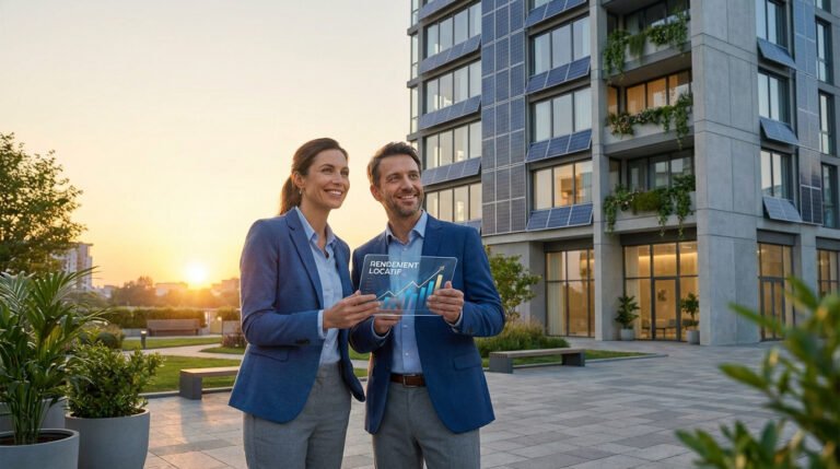 Deux professionnels souriants regardent un immeuble éco-responsable avec panneaux solaires, tenant une tablette "Rendement Locatif" en hausse.