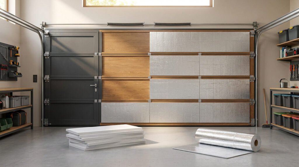 Intérieur de garage montrant une porte partiellement isolée avec des panneaux réfléchissants. Matériaux isolants au sol, prêts à l'emploi.