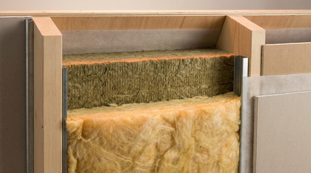 Vue en coupe d'un mur avec couches d'isolants thermiques: laine de roche (vert) et laine de verre (jaune) dans une structure en bois.