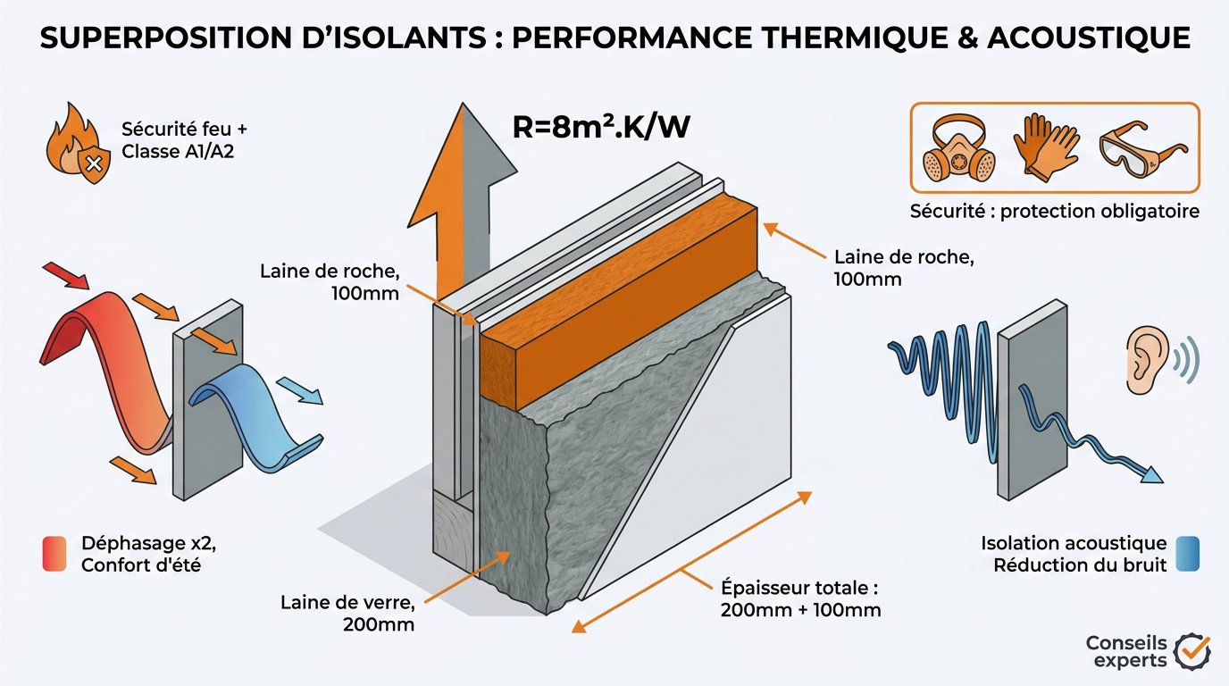 Sch&eacute;ma technique de la superposition de laine de roche sur laine de verre pour isolation de combles