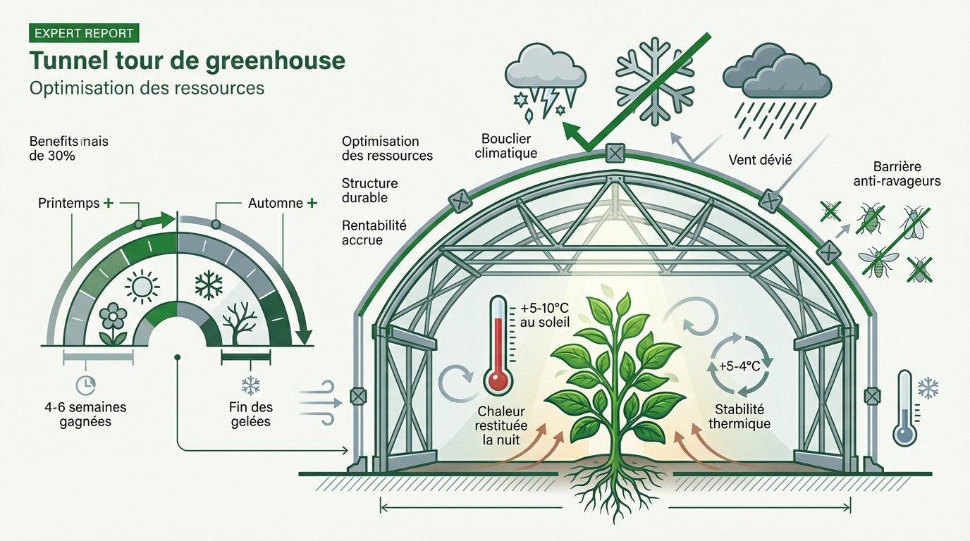 Schéma des avantages d'une serre tunnel pour la protection des cultures potagères