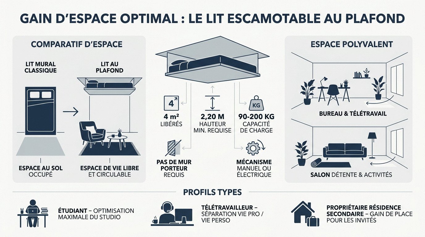 Lit escamotable au plafond moderne libérant l'espace au sol