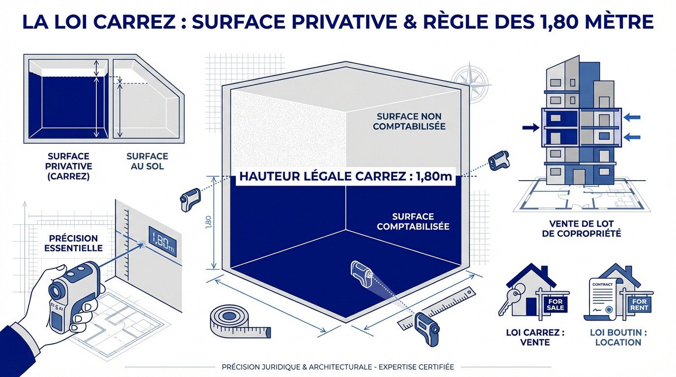 Schéma expliquant la règle des 1,80 mètre pour le calcul de la surface privative loi Carrez